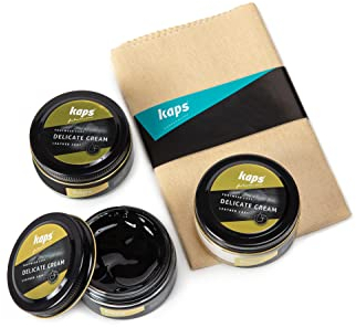 Kaps Crema Limpiabotas y Zapatos Profesional con Paño de Algodón. Set de 3 Marrón Oscuro/Transparente/Negro 50 ml. Fabricado con Cera Natural. Para el Cuidado del Calzado de Cuero natural y Sintético