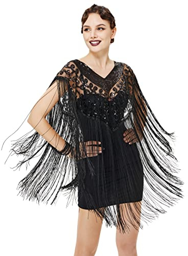 BABEYOND Châle de soirée à franges pour femme des années 1920 avec paillettes et perles, Noir , taille unique