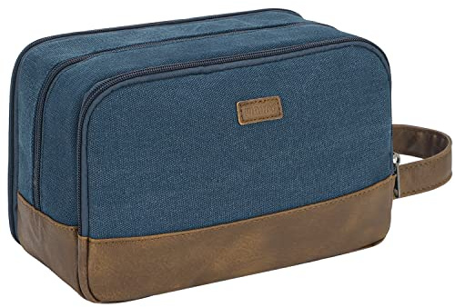 WANDF Toiletry Bag for Men, Travel Wash Bag with Handle, Water-Resistant Canvas Shaving Organiser, SBS Metal Zipper Dopp Kit for Makeup Bathroom Gym (Blue)