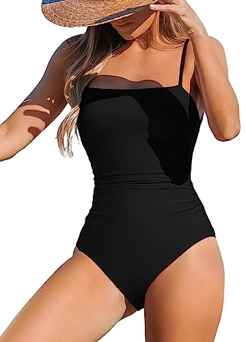 CUPSHE Damen Badeanzug Bandeau Bauchweg Raffung Quadratischer Ausschnitt Riemendesign Einteilige Bademode Swimsuit Schwarz M