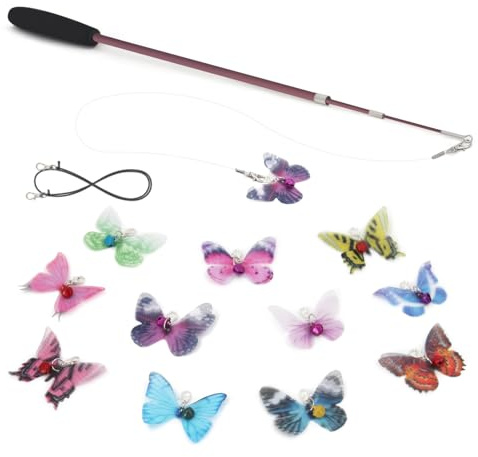 SONGWAY Butterfly Cat Toy Wand - 13 PCS Interactive Cat Toy for Indoor Cats Kittens, 1 Retractable Teaser Wand and 12 Butterfly Cat Toys Refills with Bells, Cat Fishing Pole Toy