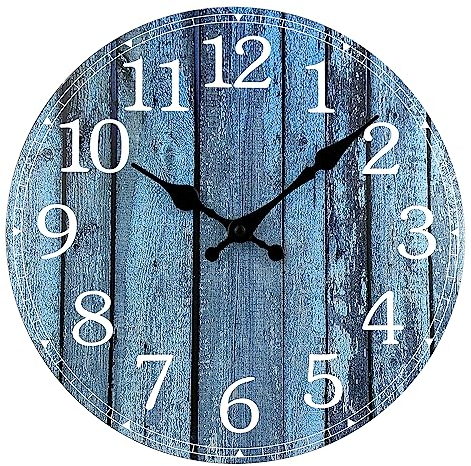 Plumeet Orologio da Parete in Legno da 25cm Orologio da Parete Senza Cornice Silenzioso - Orologio Rustico da Villaggio di Campagna Decorativo per La Cucina e La Camera da Letto, Blu