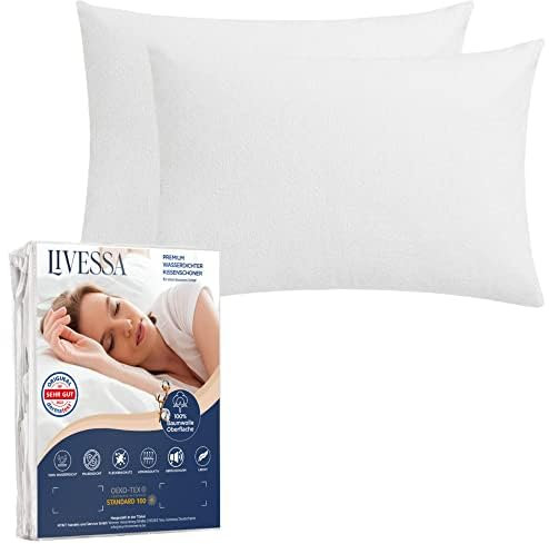 LIVESSA wasserdichter Kissenbezug 40 x 80 cm (2er Pack) - Kissenschoner mit Reißverschluss, Pillow Protector, Anti-Milben, Oeko-Tex Zertifiziert, Atmungsaktiv,%100 Baumwolle Oberfläche
