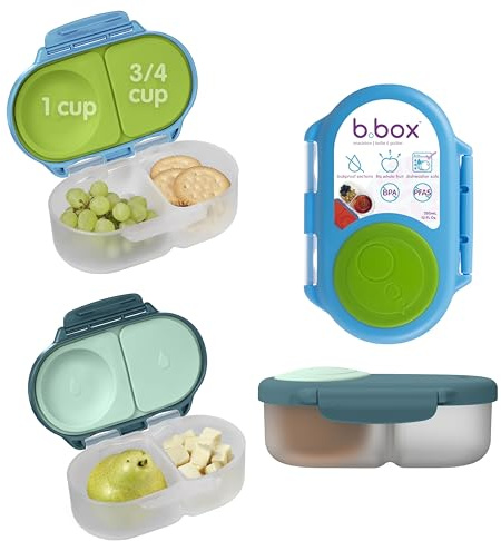 b.box 2 Pack Bento Snackbox | Leakproof Double Compartment Food Container with Lid | Ideal for Toddlers, Kids Lunch + Snacks | Expandable Surface | Container Free from BPA | Pack of 2 | Blue/Green