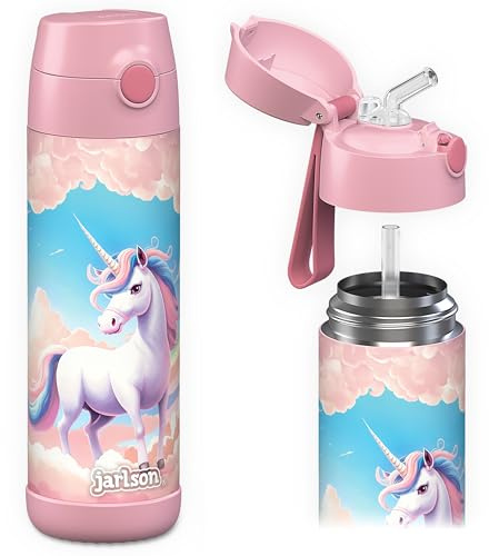Jarlson® Borraccia Termica Bambini 500ml CHARLI [CON CANNUCCIA] - Bottiglia Acciaio Inox - Termos per Bambini e Bambine - Mantiene Freddo - Senza BPA - Ideale per Scuola, Sport e Viaggi(UNICORNO)