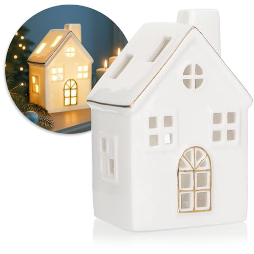 com-four® Casa LED de Porcelana - casa de luz Que Funciona con Pilas - casa de luz Decorativa Blanca Brillante para decoración navideña e Invernal (Casa - 13cm)