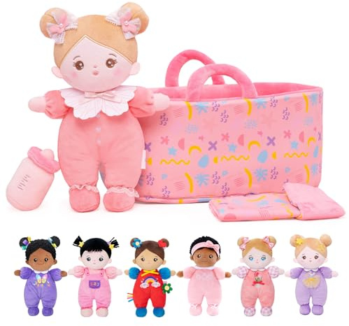 OUOZZZ 10‘’ Pink Baby Doll Set with Carry Case & Doll Accessories | Includes cute doll accessories, 25cm soft plush body, ideal toddler birthday gift