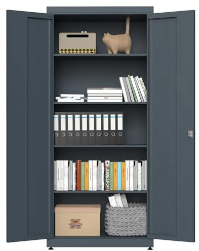 VCGGAIP Filing Cabinet Lockable with 4 Adjustable Shelves (180 x 80 x 40 cm) - Metal Cabinet for Office and Household | Steel Cabinet with Powder Coating - Office Cabinet with Key,Dunkelgrau