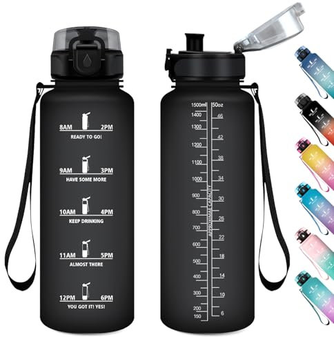 Trinkflasche Sport 1.5L, Wasserflasche Sport Auslaufsicher mit Zeitmarkierung, Trinkflasche mit Filter, Trinkflaschen Kohlensäure Geeignet, Sportflasche für Fitness, Gym, Schule, Outdoor, Yoga