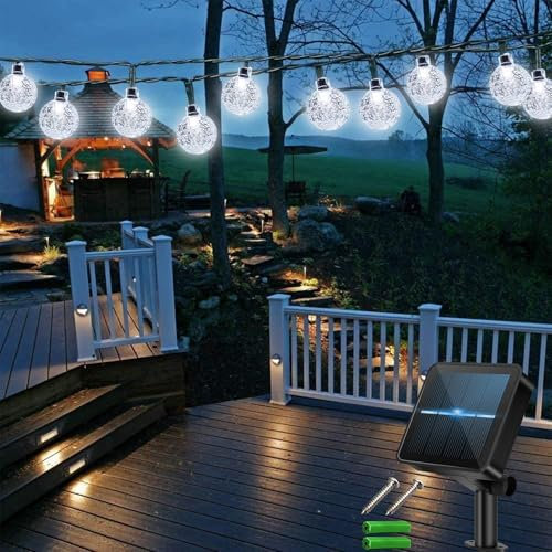 Laihur 5M 50LED Solar Garden Lights & Fairy Lights-8 Modes Waterproof 24mm Crystal Ball String Lights for Outdoor Patio Party, Cold White