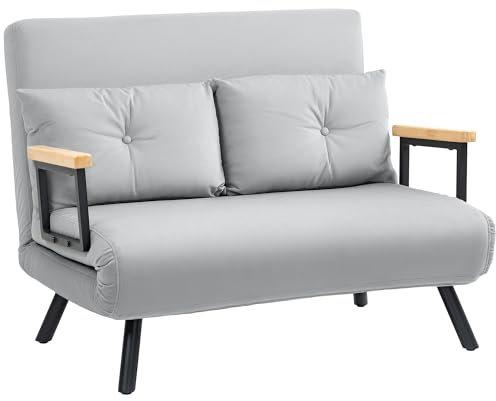 HOMCOM 2 Seater Sofa Bed, Click Clack Convertible Bed Settee, Modern Velvet Feel Fabric Sofa Couch with 2 Tufted Cushions, Wood Armrests for Living Room, Bedroom, Guest Room, Light Grey