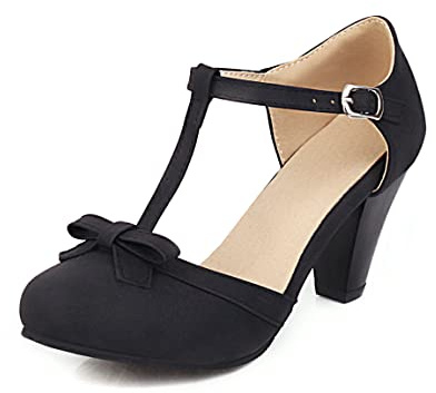 Elbslutt Zapatos retro Rockabilly para mujer, con correa en T, tacones gruesos Mary Janes, zapatos de cosplay con tacón de bloque dulce y lazo, Negro (Suede Black), 38.5 EU