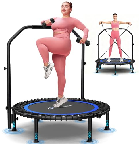 ANCHEER 40/48 Foldable Rebounder Trampoline for Adults/Kids with Resistance Bands and Bungees, Indoor & Outdoor Mini Trampoline with Bar and Safety Padding - Max Load 450lbs/550lbs