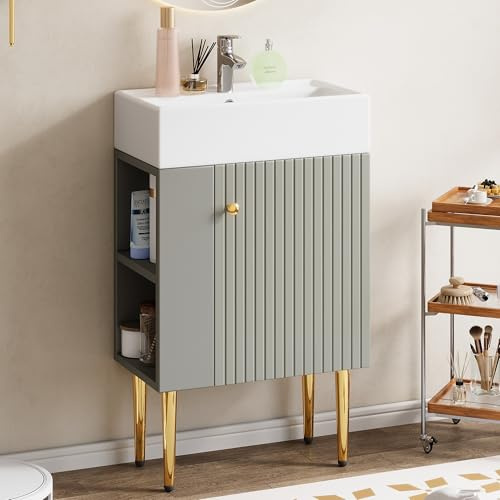 Easexcy Mobile da bagno con mobiletto per lavabo, 55 x 31 x 91,5 cm, mobiletto per il bagno degli ospiti, grigio chiaro/bianco (grigio + bianco)