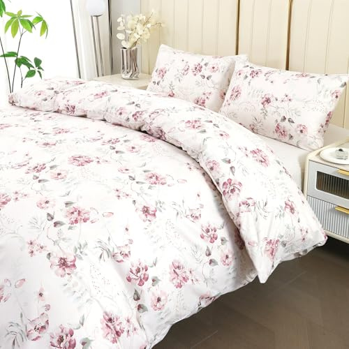 DECODEKO Juego Funda Nórdica 4 Piezas para Cama 150 - Funda Nordica 240x220cm, Bajera 150x200cm, 2 Fundas Almohada 50x75cm, Estampado Flores Rosadas, Microfibra Suave Transpirable