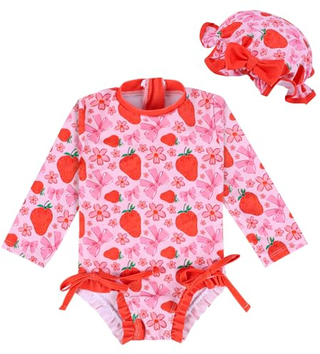 Yoolhamy Costume da Bagno da Bambina con Cappello da Sole a Maniche Lunghe Rashguard Fragola Fiocco da Spiaggia per Bambini da 3 Mesi a 2 Anni, Colore: Rosso, 6-12 Mesi