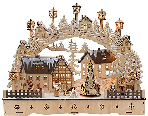 Dekohelden24 Arc de Noël à LED en Bois avec Sapin de Noël Mobile, Motif Père Noël et Enfant des neiges, L/l/H Environ 45 x 12 x 35 cm, pour Fonctionnement à Piles ou adaptateurs, 35 cm