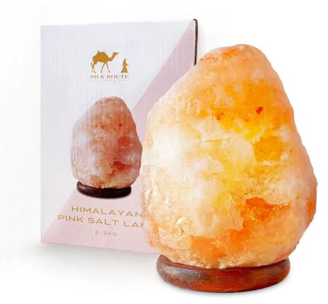 Silk Route Home Hand Carved Himalayan Salt Lamp (2-3kg) - Wooden Base & Dimmer-Control LED Light, Natural Wellness Décor, Calming Glow, Ideal Night Light or Gift