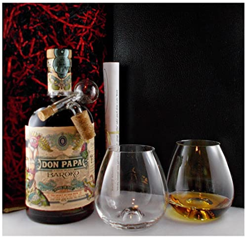 Don Papa Rum Baroko + 2 Gläser + Glaskugelportionierer zum feinen Dosieren im Geschenk Karton Geschenkset Männergeschenke