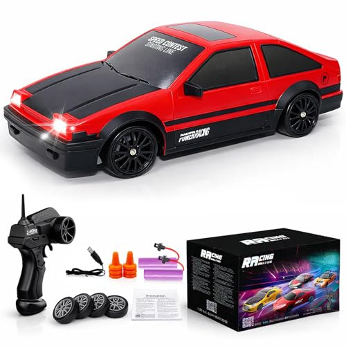 Remote Control Car RC Drift 2.4GHz 1:24 Scale 4WD 15KM/H High Speed Model Vehicle with LED Lights Drifting Tire Racing Sport Toy for Adults Boys Girls Kids Gift 2Pcs Rechargeable Batteries