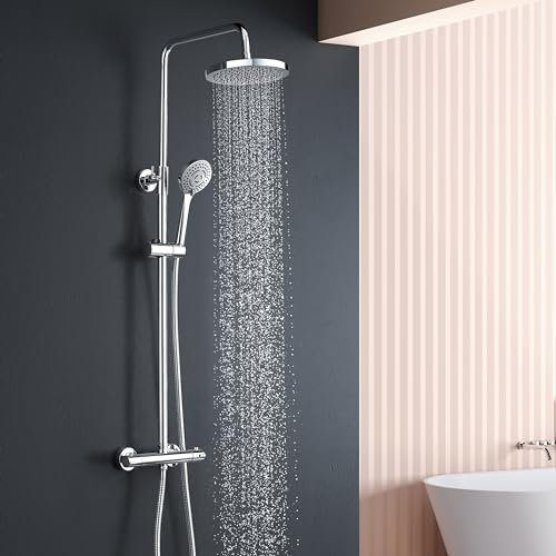 Columna de Ducha Termostática YOOZENA Conjunto Multifuncional Inoxidable Altura Ajustable 829mm-1221mm de Mano 3 Funciones Redondo para Cuarto de Baño