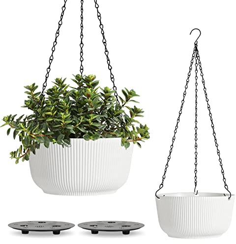 T4U Pots de Fleurs Suspendues de 2 Paquet(diamètre - 20cm) Intérieur Extérieur, Pots de Fleurs Muraux, de Plantes Blancs Suspendues avec Trou de Drainage et Bouchons pour Le Jardin, Le Balcon