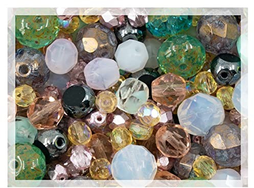 50g Gentle Mix of Faceted Fire Polished Czech Glass Beads (Round, Rondelle etc) 4-10mm, Light Pink Teal Yellow Opal