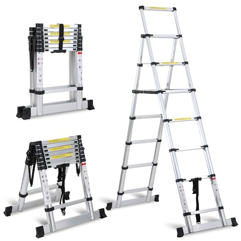 Eulenke teleskopstege vikbar stege 2 + 2,3 m aluminiumstege bärbar halkfri utdragbar stege 6 + 7 steg, 150 kg lastkapacitet, utdragbar stege, multifunktionsstege, hushållsstege, trapphusstege