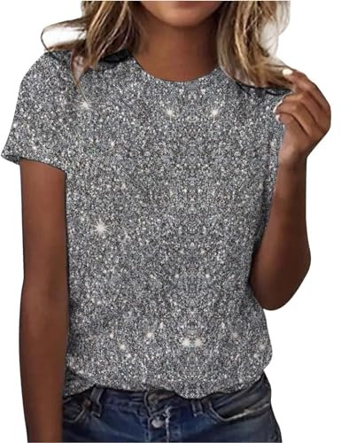 Glänzend Oberteile Damen Elegant Party-Shirt Silber-Glitzer Tunika Tshirt Sparkly Shirt Kurzarm Oberteile Wedding Glitzertop Bluse Sparkly Pailletten Tops Elegant Festlich Damenbluse