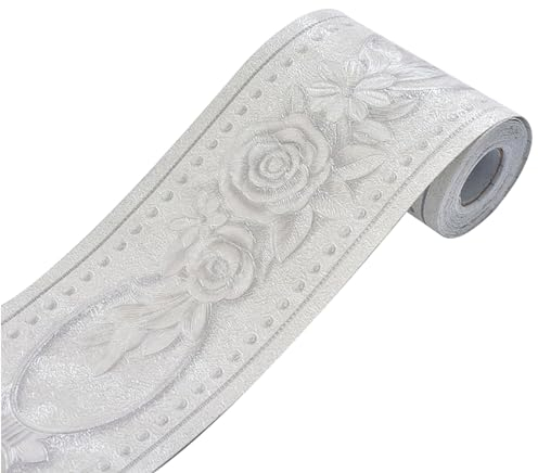 Jodimitty PVC Selbstklebende Bordüre 5 Meter x 10cm Wasserdicht Tapetenbordüre Wandbordüre Blumenmuster Aufkleber Abziehbare Wandtapeten Bordüre für Wohnzimmer Schlafzimmer Bad Küche (Silber Weiß)
