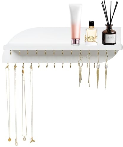 Lampaggio Hanging Jewelry Organizer with 25 Hooks and Cosmetics Shelf, Modern Wood Wall Mounted Jewelry Holder for Necklaces, Bracelets, Earrings and Rings, White