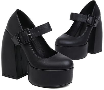 KUHAOFEU Chunky High Heel Platform Mary Jane Pumps for Women Closed Round Toe Strappy Office Dress Party Shoes,Black,11 UK