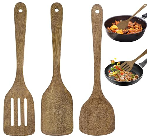IETWATE 3 stycken stekspade trä, 30 cm träspatel, värmebeständig träspatel, träspatel, slitsvarvare lätt att rengöra, köksredskap för matlagning vändbar kök restaurang