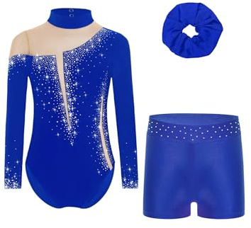 Freebily Maillot De Gimnasia Ritmica para Niña Body Ballet De Elástico con Leggings Cortos De Deporte Traje De Competición Actuación A Azul Real 13-14 años
