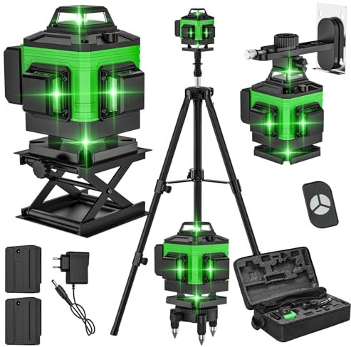 Niveau Laser, 4D 16 Lignes Niveau Laser Vertical Horizontal Autonivelant avec 2 * Batteries rechargeables 2600 mAh (A+avec trepied)