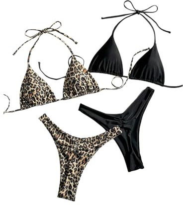 RoseSeek 2 Pack Leopard Print Bikini Sets Halter Triangle Top Brazilian Bottom Animal Print Swimwear Bundle Multicolor XS