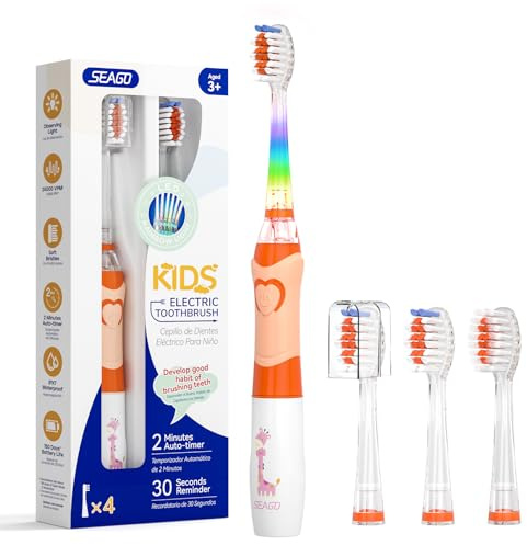 Seago Spazzolino Elettrico Bambini 3-12 Anni Spazzolino Bambini Spazzolini Elettrici Con 4 Testine Spazzolino Elettrico Luce LED Colorata e Osservante 4 Modalità Timer Intelligente SG-977, Arancione