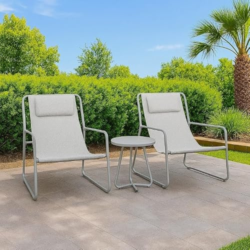 Brooklyn 3-Piece Outdoor Bistro Set – Stylish Light Grey Metal Lounge Chairs with Headrests & Compact Side Table – Weather-Resistant Patio Furniture for Balcony, Conservatory & Garden