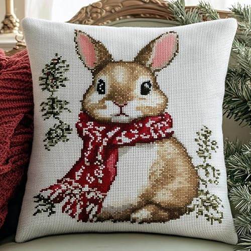 animale Kit di Ganci a Chiusura per Cuscino,Coniglio che indossa una sciarpa rossa,DIY Cuscini Artigianali Kit Ricamare Cuscini Federa per Cuscino per Divano per Adulti,43x43cm