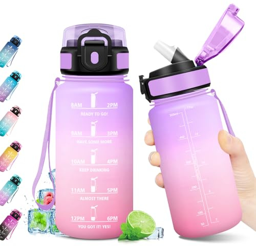 Borraccia 500ml, Bottiglia con Indicatore del Tempo Motivazionale, Bottiglia con Cannuccia, Riutilizzabile, Borraccia senza BPA, A Prova di Perdite, per Bambini, Scuola, Ufficio, Gym, Picnic