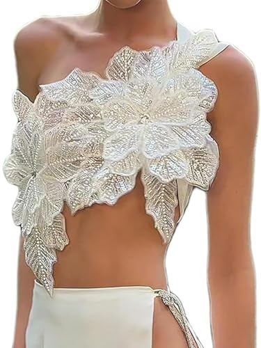 SANSIWU Women Sequin Sparkle 3D Flower Crop Tops Y2k DIY Tie Up Back Cami Sexy Tank Tops Sexy Bling Glitter Rhinestone Camisole