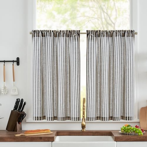 TOPICK Kitchen Curtains, Linen Look Cafe Curtains W36 xL36 Black Striped | 2 Panels 36 Inch Drop Rod Pocket Small Light Filtering Privacy Curtains for Living Room, Bedroom, Cupboard Base, Sink