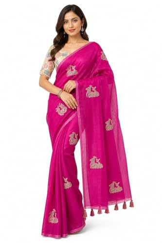Women's Premium Chanderi Saree with Stitched Blouse Included (38 Bust, Adjustable Up to 42) | Embroidered Saree with Cotton Tassels | Wedding & Party Wear