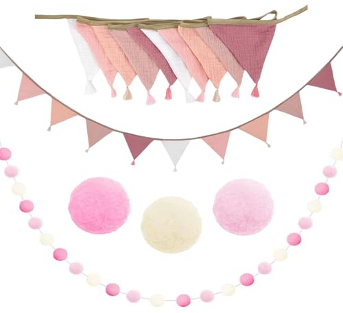 Lot de 2 guirlandes de fanions pour chambre d'enfant et en tissu avec boules en feutre, 2,6 m de mousseline de coton avec glands, guirlande de fanions rose, décoration de chambre de bébé et lit de