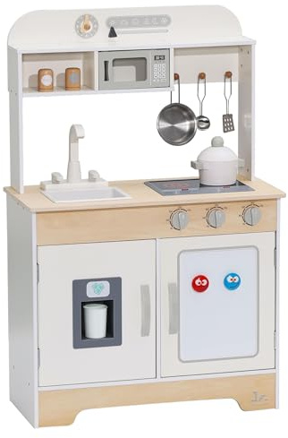 SainSmart Jr. Cocina infantil de madera para niños, color crema – con sonido, microondas y fregadero con grifo, cocina infantil con fogones, horno y nevera, juego de rol a partir de 3 años