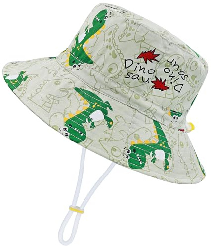 CHEESANHERR Sombrero de Sol Niño Niña, Gorro Bebe Verano Ajustable, Sombrero de Playa Pescador Gorros Proteccion UV Unisexo Sombreros ala Ancha para Exteriores 2 a 8 Años (Dinosaurio Caqui)