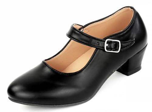 Flamenco Shoes for Girls Dance Dance Sevillanas with Adjustable Strap Heel, Non-Slip Sole, dull black, 3 UK