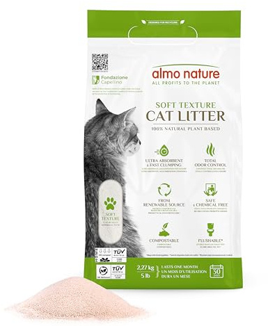 almo nature Cat Litter – Soft Texture | 100% Natural, Plant-Based, Non-Clumping, Non-Clay, Non-Silica | Odour-Free & Robot-Friendly - 2.27kg