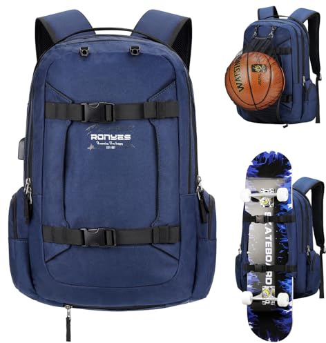 Ronyes Skateboard Backpack, Skateboard Bag,17.3 Inch Laptop Backpack with USB Charging Port, Basketball Longboard Backpack for Sports Travel Blue