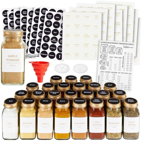 Talented Kitchen Spice Jars - 24-Pack 6 oz Glass Jars with Gold Shaker Lids - 328 Preprinted Labels & Silicone Funnel - Seasoning Organizer for Kitchen Storage